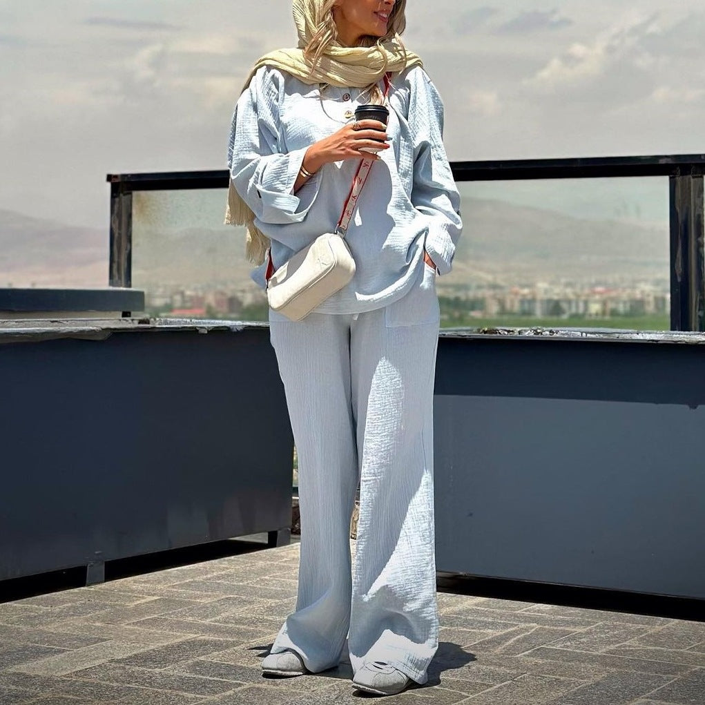 Dam Set Vikta Tygskjorta Breda Byxor Polyester-1