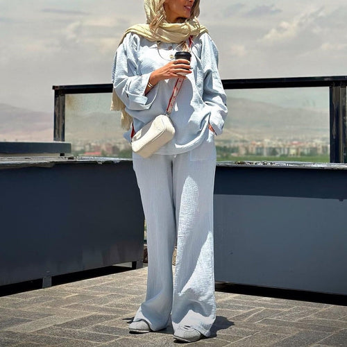 Dam Set Vikta Tygskjorta Breda Byxor Polyester-1