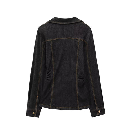 Dam Denim Set Högmidjade Jeans Skjorta 3D Effekt-5
