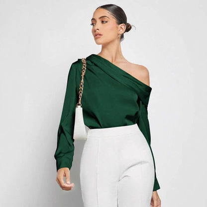 Dam Asymmetrisk Blus Off-Shoulder Satin-2