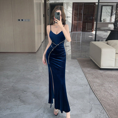 Variant image for Kvinnors Lång Klänning V-Skärning Slits Velour-9