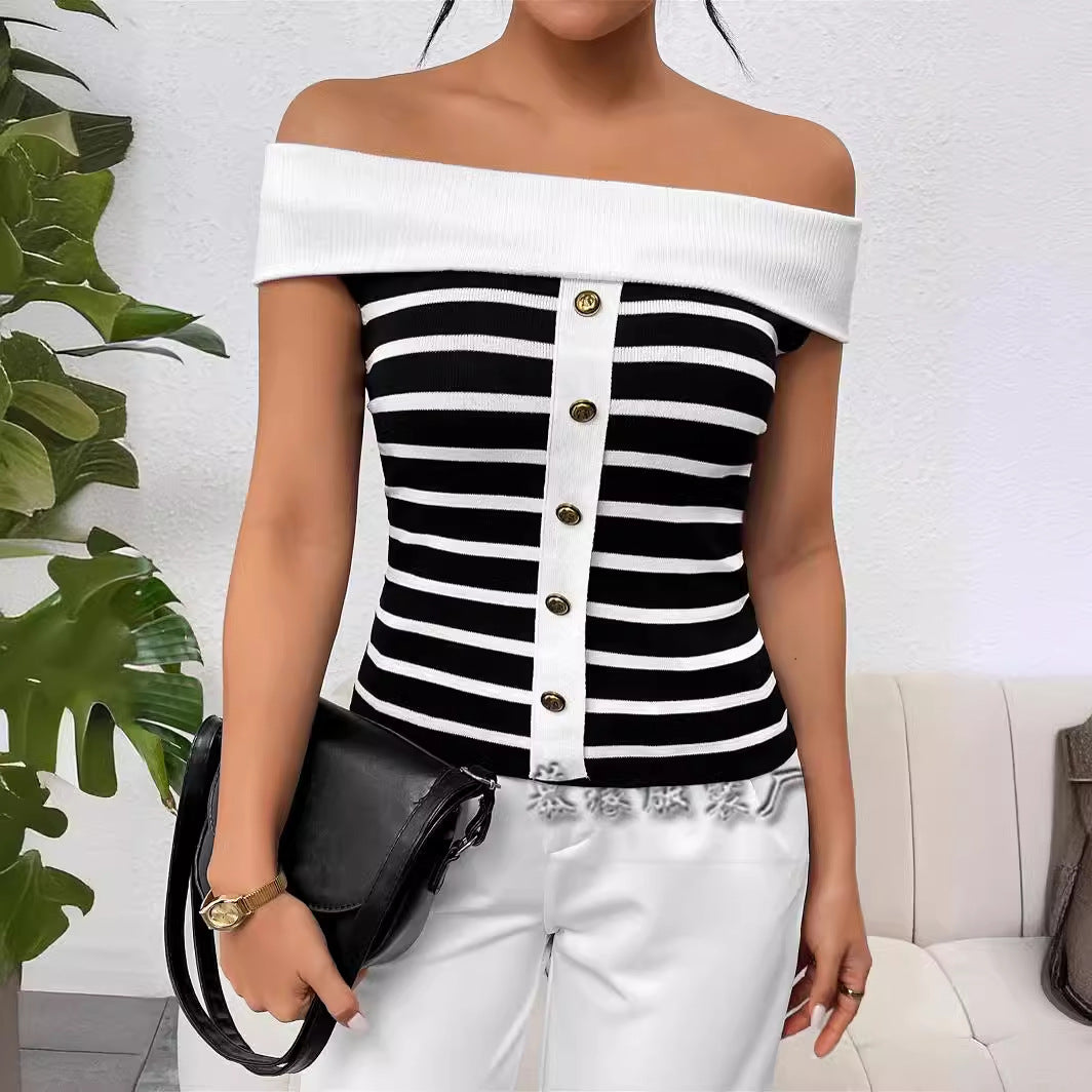 Dam Off-Shoulder Tröja Randig Viskos Nylon-4