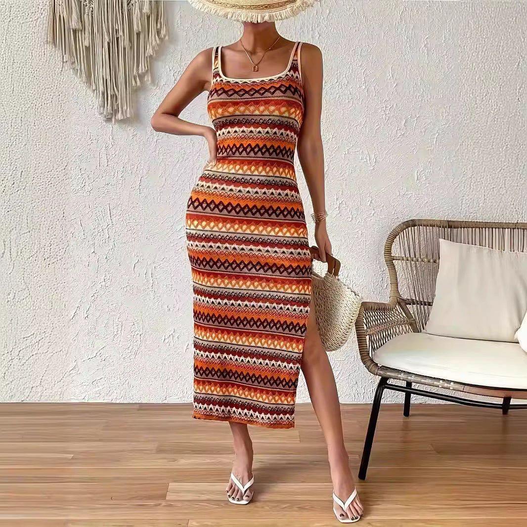 Fina Dam Klänningar Fyrkantig Randig Ärmlös Spandex Maxiklänning-3