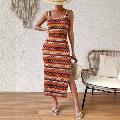 Fina Dam Klänningar Fyrkantig Randig Ärmlös Spandex Maxiklänning-3