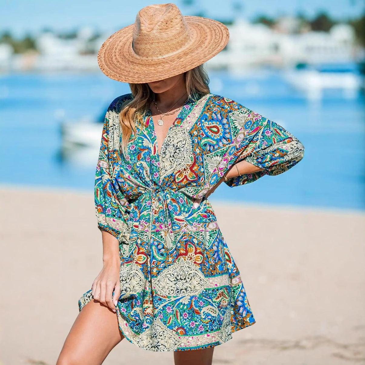 Kvinna V-Neck Klänning Blommönster Elastisk Polyester-4