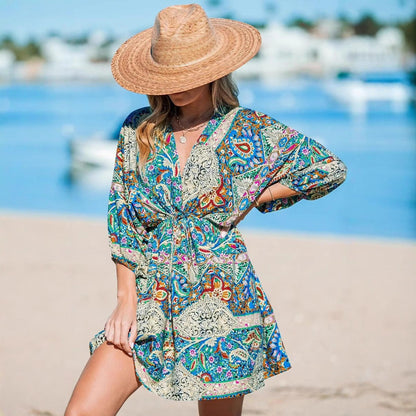 Kvinna V-Neck Klänning Blommönster Elastisk Polyester-4