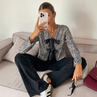 Lång Kofta Dam Leopardmönster Polyester Cardigan-2