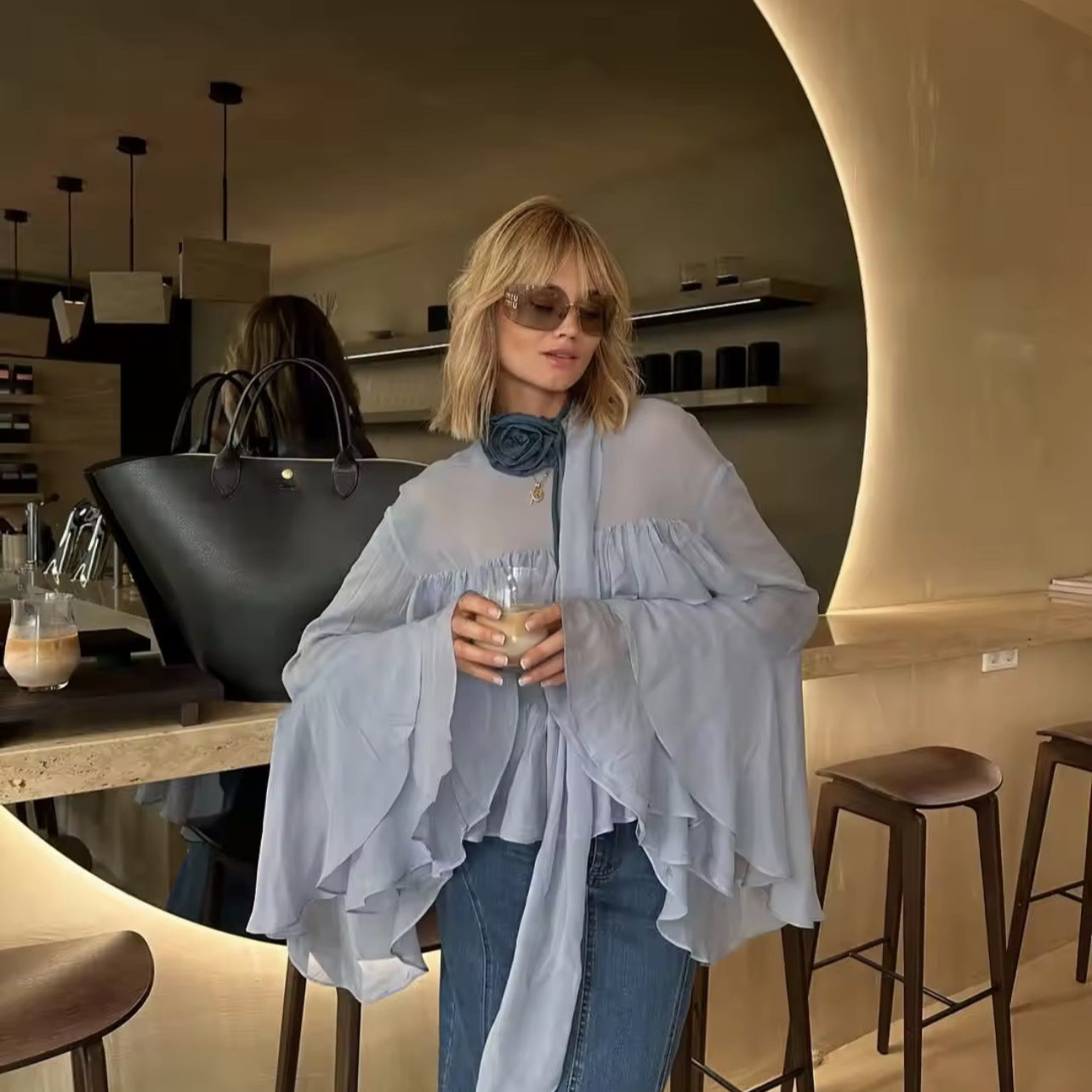 Dam Blus Ruffle Detaljer Andningsbart Material-4