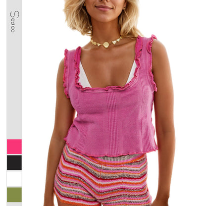 Dam Stickad Väst Fyrkantig Halsringning med Ruffle Akryl-2