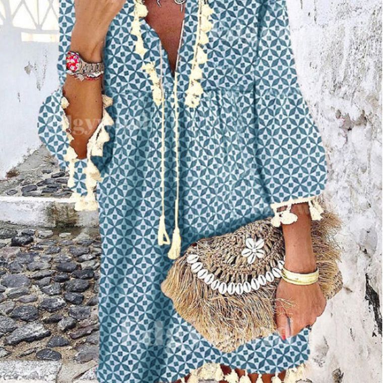 Dam Klänning V-ringad Blommönster A-linjeformad Polyester med Fransar-4