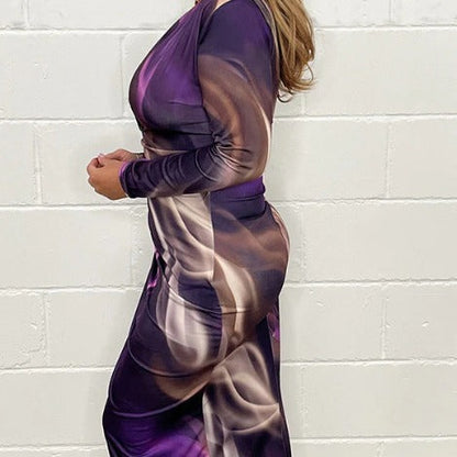 Dam Klänning Långärmad Tryckt Polyester Kroppsnära-5