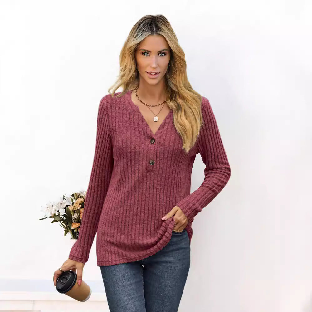 Dam Långärmad T-shirt V-ringning Löst Passform Polyester-3