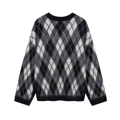 Dam Tröja Långärmad Pullover Polyester med Diamantmönster-2