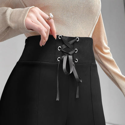 Dam Hög Midja Byxor Med Sidospår Och Snörningsdetaljer Elastisk Tyg-3