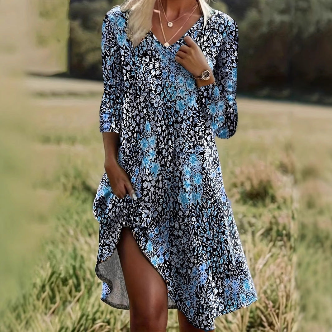 Dam Klänning V-ringad A-linjeformad Bomull Polyester-4