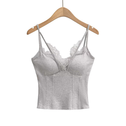 Kvinnors Spaghettiband Festtop med Spetsdetaljer Mjuk Blandning-1