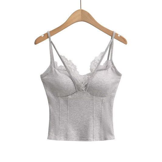 Kvinnors Spaghettiband Festtop med Spetsdetaljer Mjuk Blandning-1