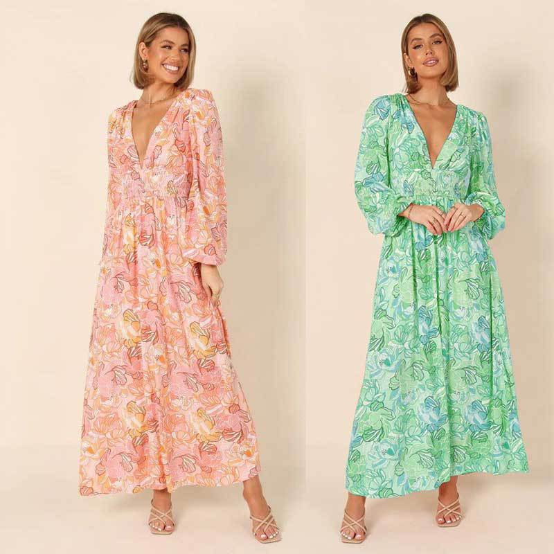 Långärmad A-linjeformad Klänning i Polyester med Tryckt Mönster – Elegant och Bekväm för Vardagsbruk och Fest 2