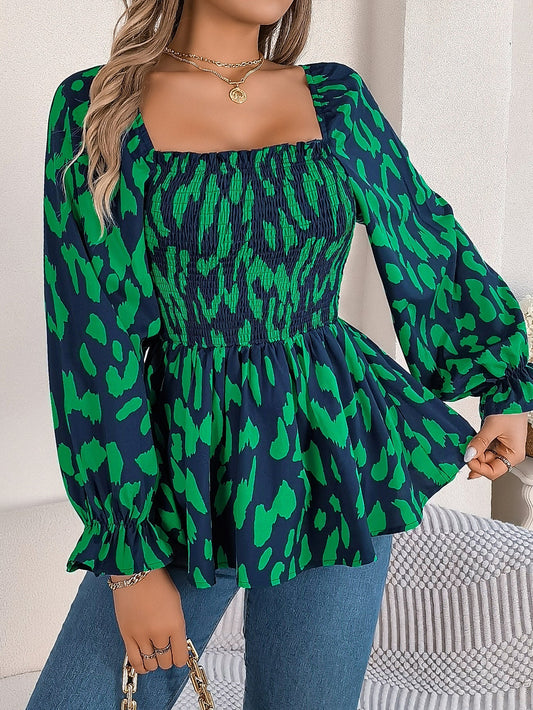 Dam Långärmad Blus Rynkad Kant Chiffon Leopardmönster-1