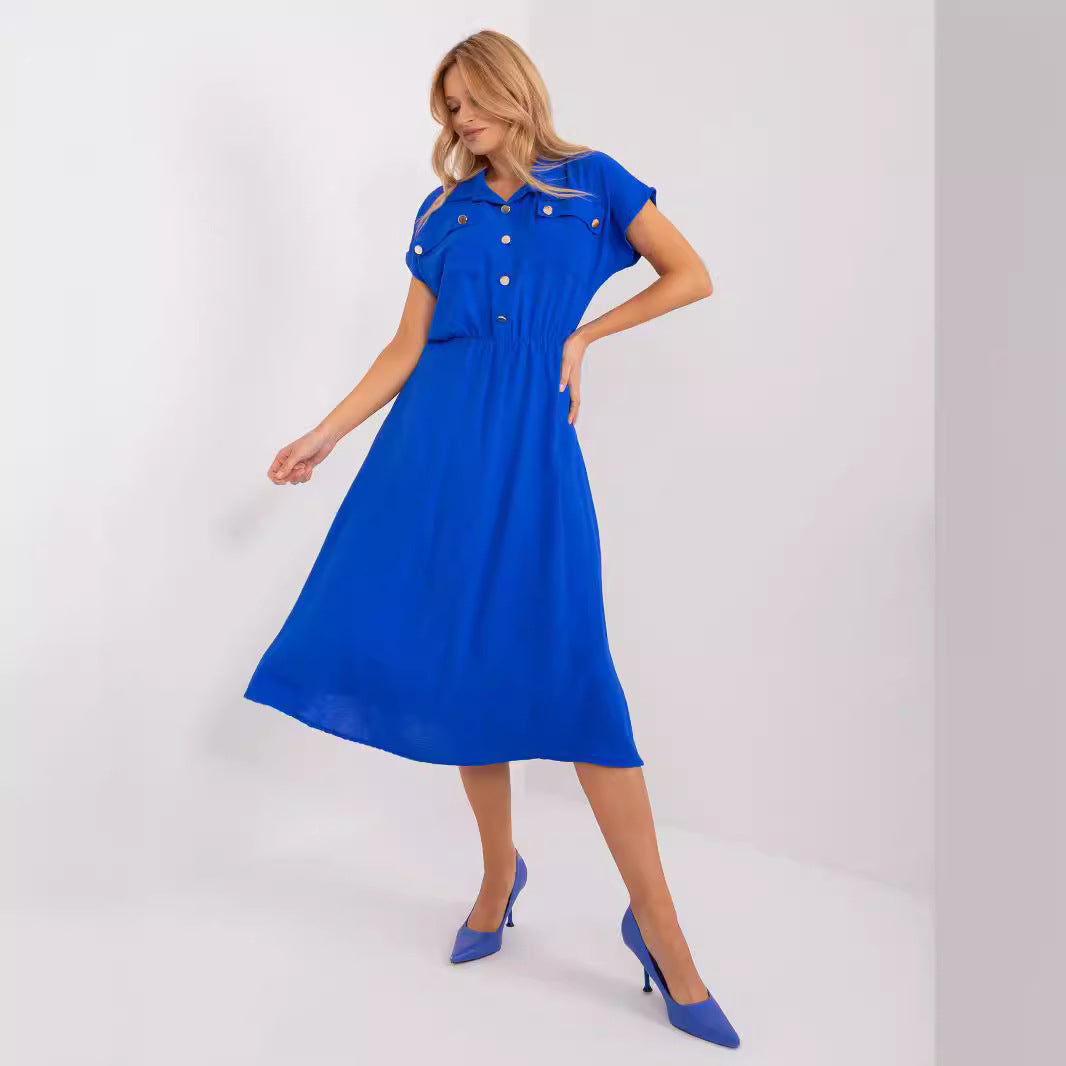 Damklänning A-Linje Elastisk Midja Polyester med Knappficka-4