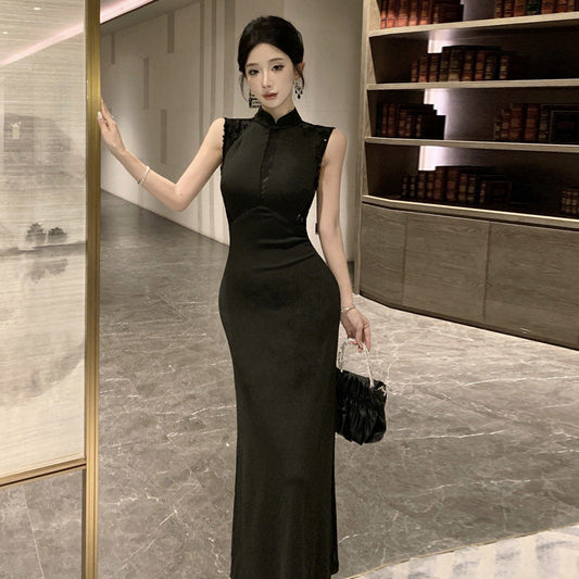 Dam Klänning Qipao Ärmlös Vintage Elegant Högkvalitativt Tyg-1