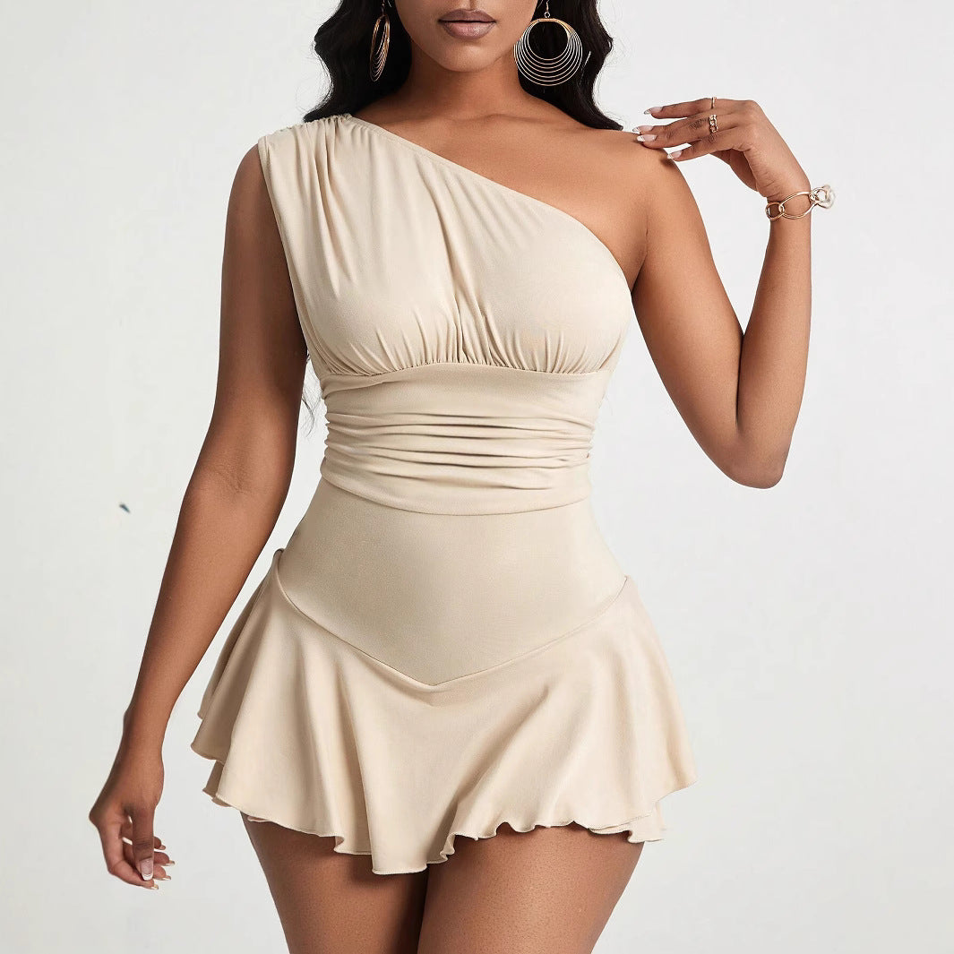 Dam Kort Klänning Hög Midja Diagonal Krage Polyester Ärmös-3