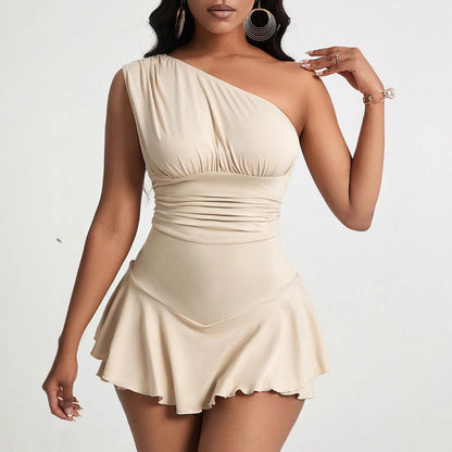 Dam Kort Klänning Hög Midja Diagonal Krage Polyester Ärmös-3