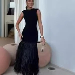 Dam Långklänning med Fransar och Strukturerad Yta för Fest, Elastiskt Tyg-5