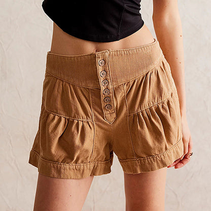 Dam Denim Shorts Rynkade Kanter Elastisk Midja 100% Bomull-3