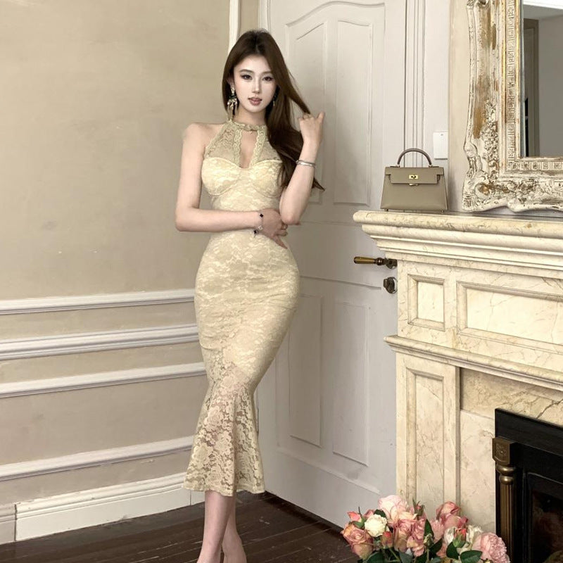 Dam Klänning Halterneck Maxirock Polyester Spetsig Chic-1