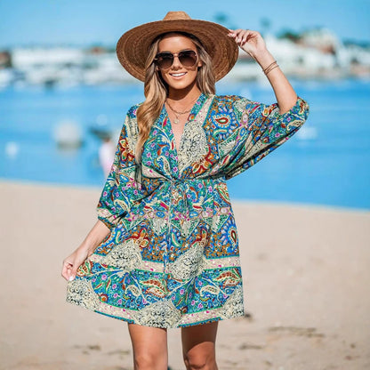 Kvinna V-Neck Klänning Blommönster Elastisk Polyester-3