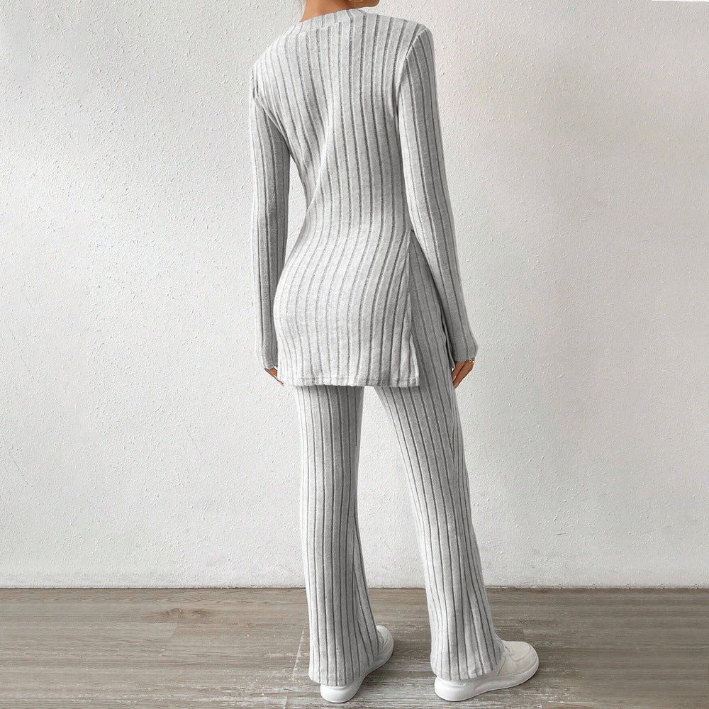 Tvådelat Set Dam Långärmad Topp och Långa Byxor Mjuk Polyester-3