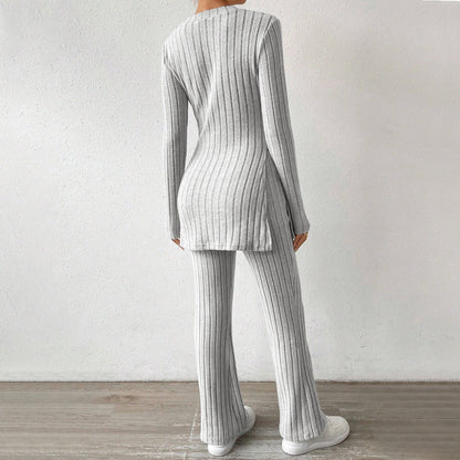 Tvådelat Set Dam Långärmad Topp och Långa Byxor Mjuk Polyester-3