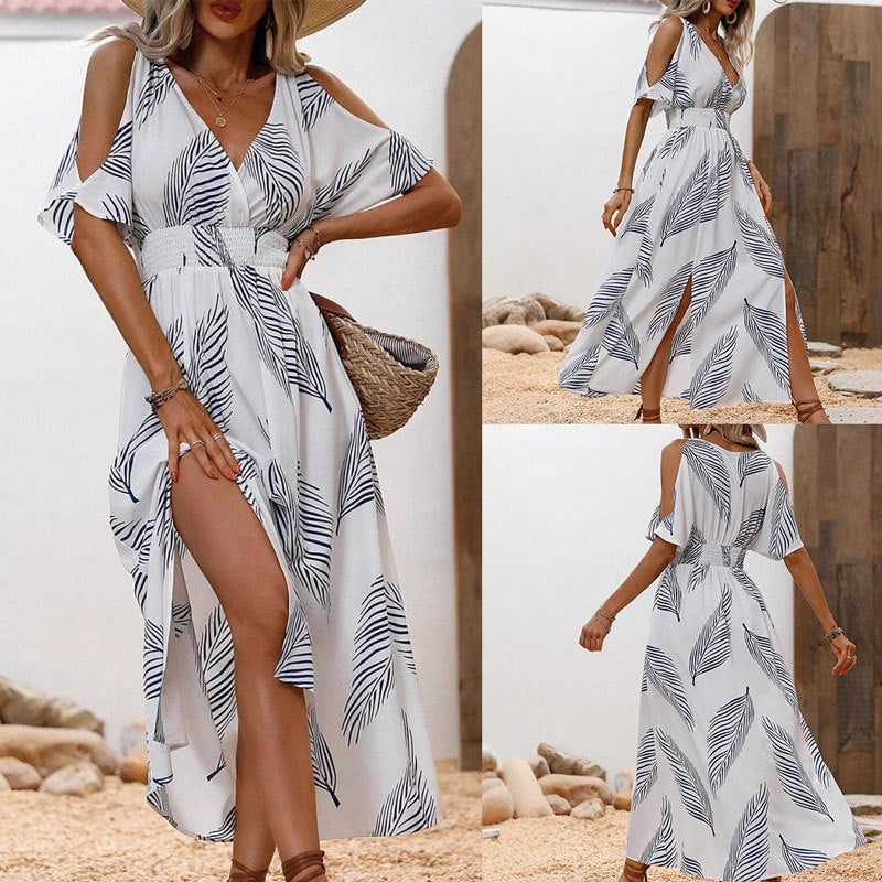 Maxiklänning Dam Off-Shoulder Asymmetrisk Vit Polyester med Elastisk Midja – Trendig Sommarmodell 2