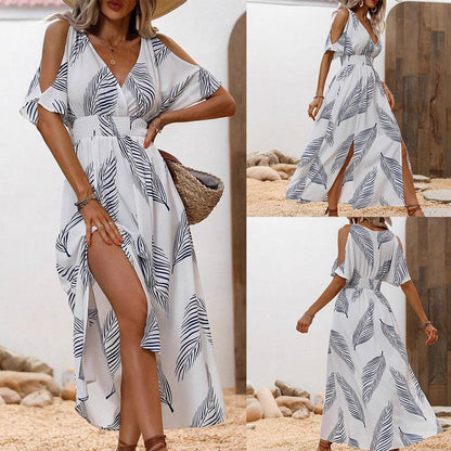 Maxiklänning Dam Off-Shoulder Asymmetrisk Vit Polyester med Elastisk Midja – Trendig Sommarmodell 2