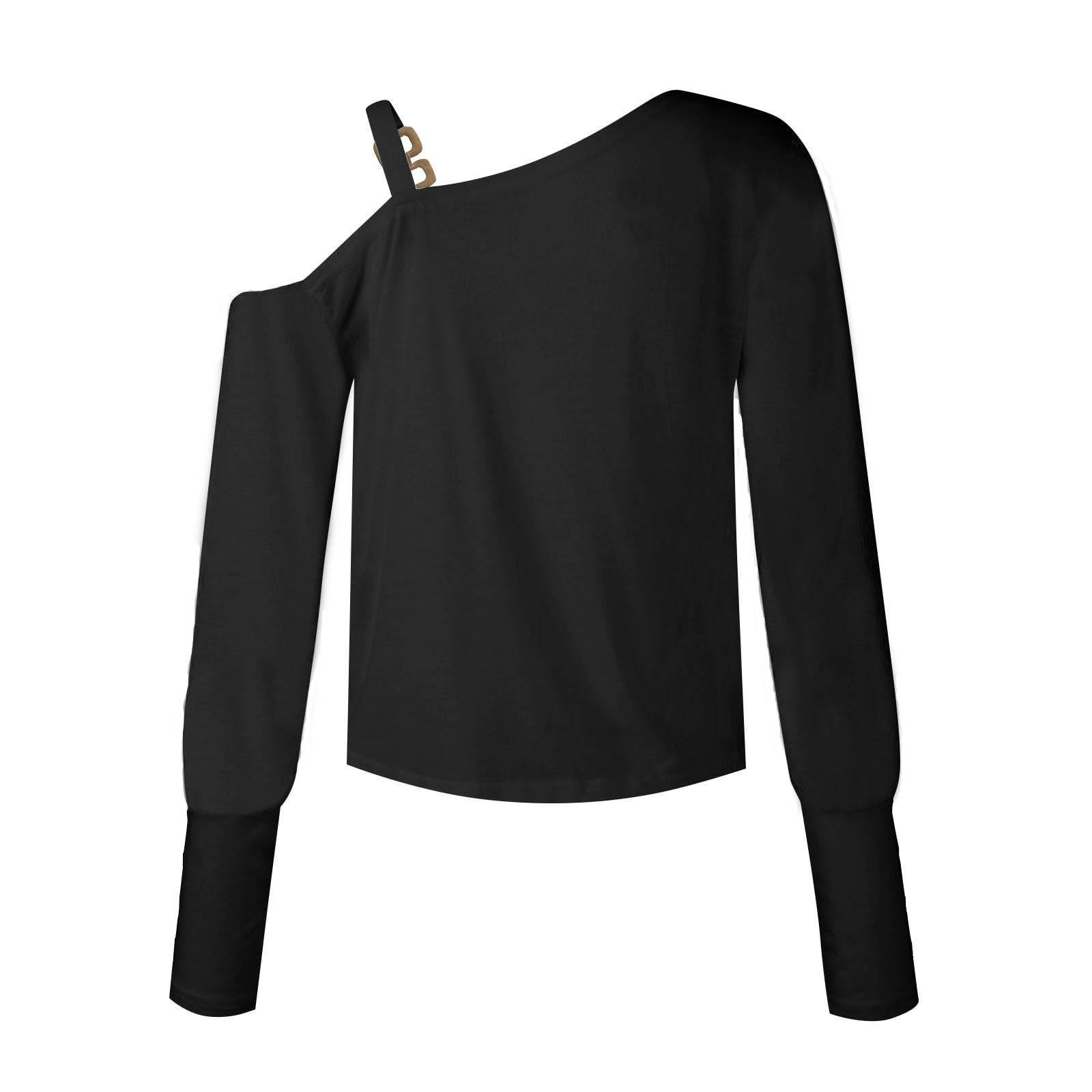 Asymmetrisk Långärmad Topp för Dam med Metallisk Spänne – Svart och Vit Polyester 5