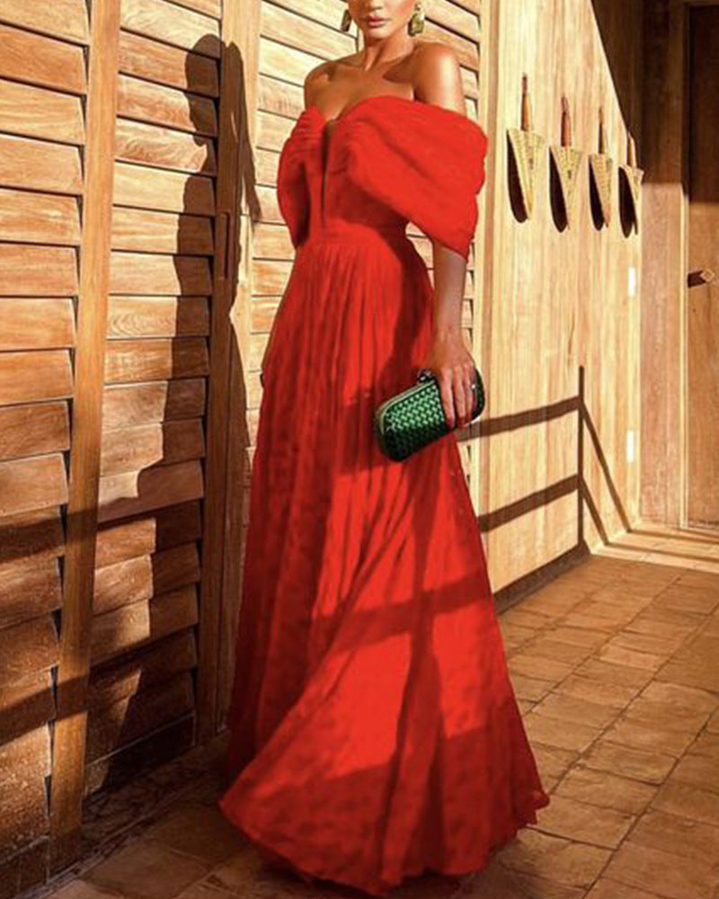 Dam Klänning Off-Shoulder Puffärmar Polyester Elegant Knälång-3