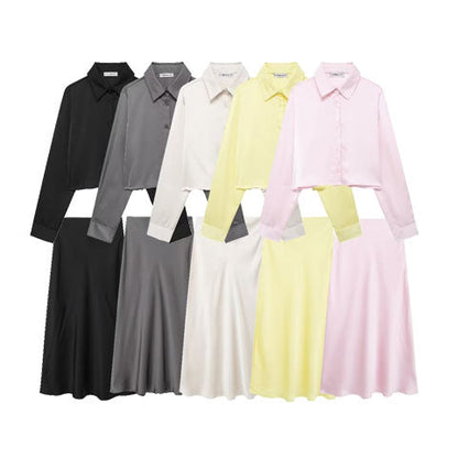 Dam Kort Skjorta med Reverskrage och Lång Kjol Polyester Street Fashion-2