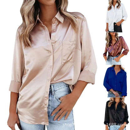 Dam Långärmad Skjorta Satin Avslappnad Passform-2
