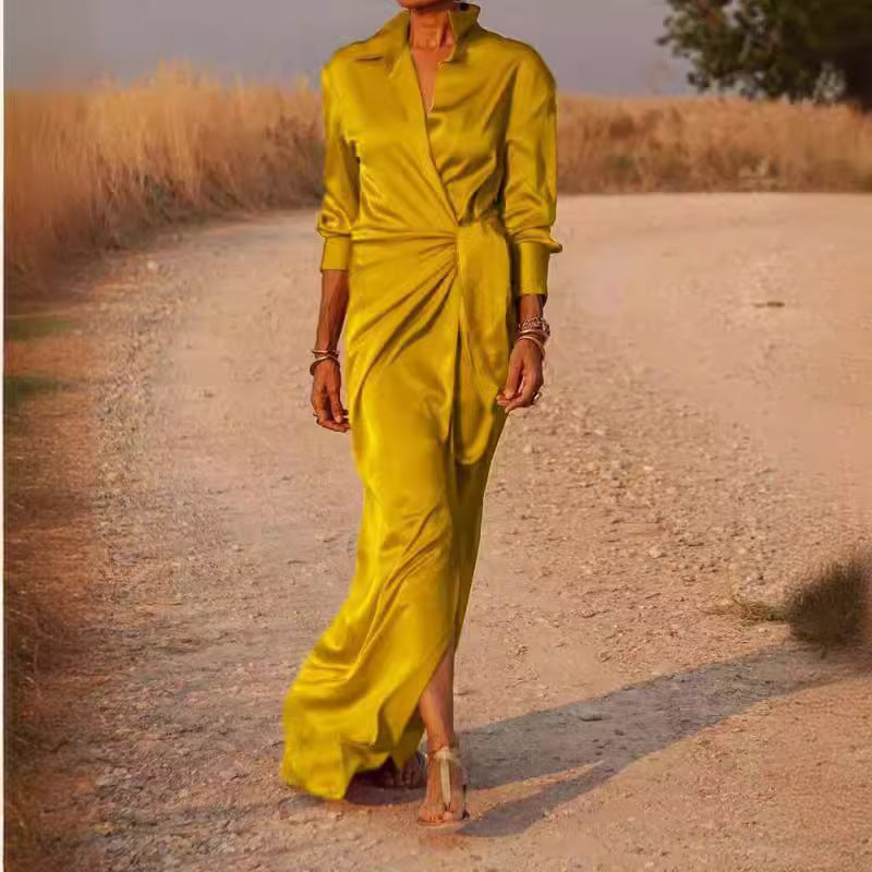 Kvinna Asymmetrisk Klänning V-Neck Polyester Högmidjad Långärmad-3