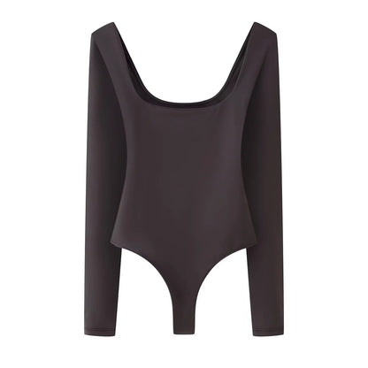 Dam Bodysuit Långärmad Djup Halsringning Elastisk-5