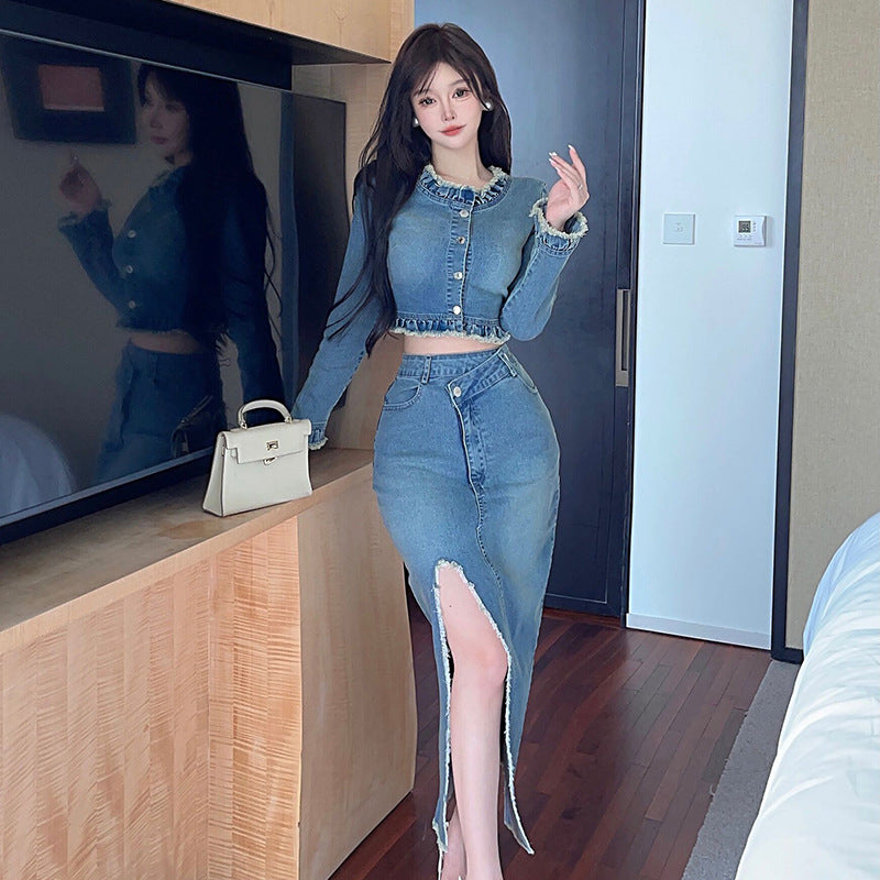 Kvinnors Långärmad Top Oregelbundet Kjolset Bomull-2