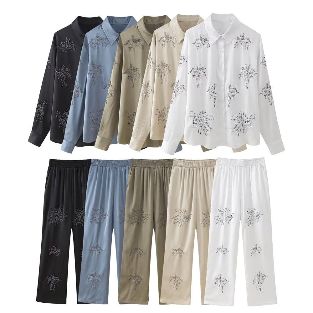 Dam Långärmad Skjorta och Fritidbyxor Set i Bomull - Blommigt Mönster för Avslappnad Stil-2