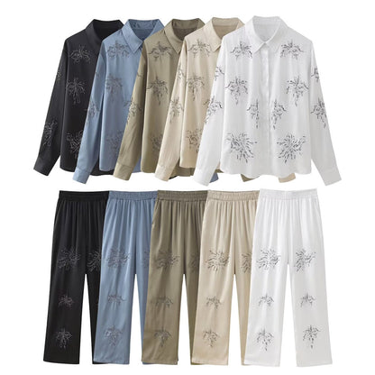 Dam Långärmad Skjorta och Fritidbyxor Set i Bomull - Blommigt Mönster för Avslappnad Stil-2