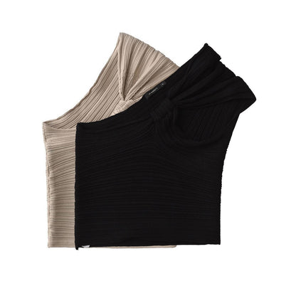 Dam Asymmetrisk Topp Ribbstickad Polyester-2