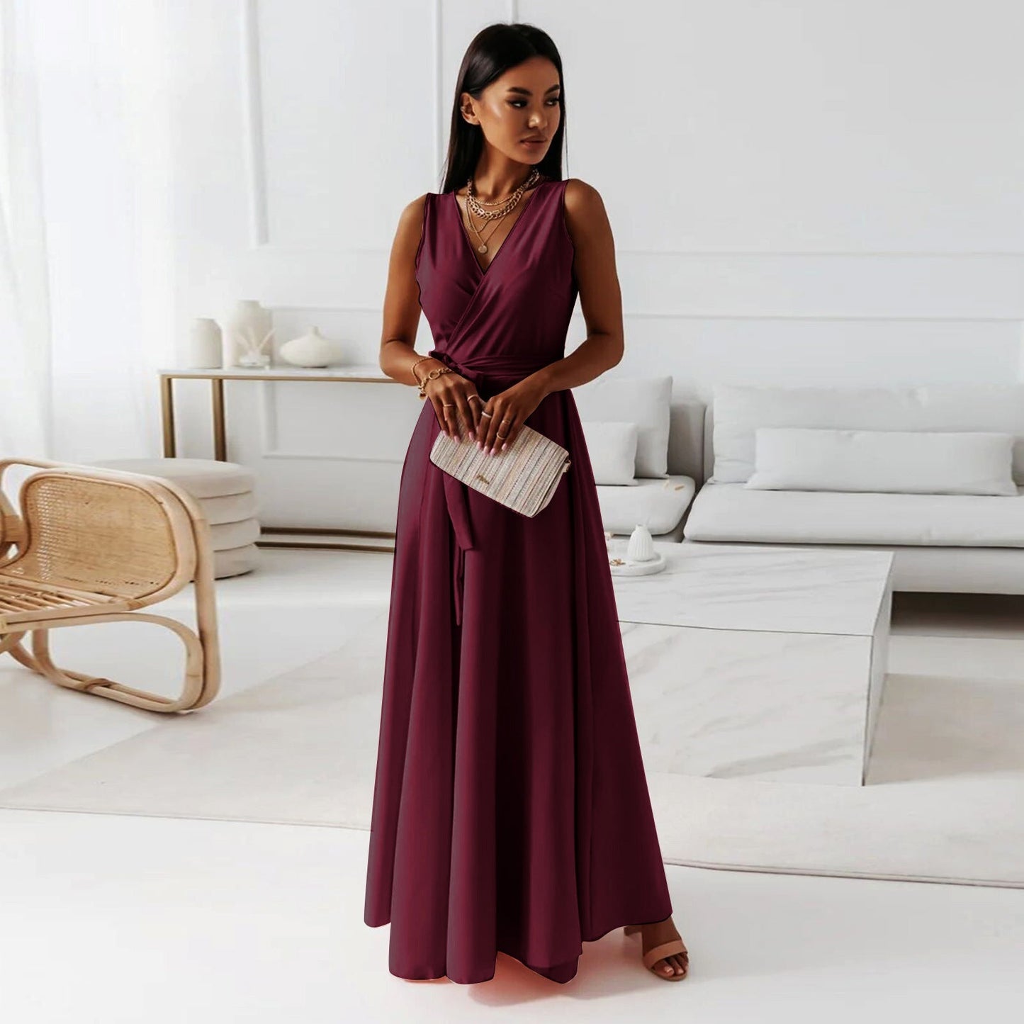 Maxi Klänning Dam V-hals Lång Polyester Elegant Snitt 3