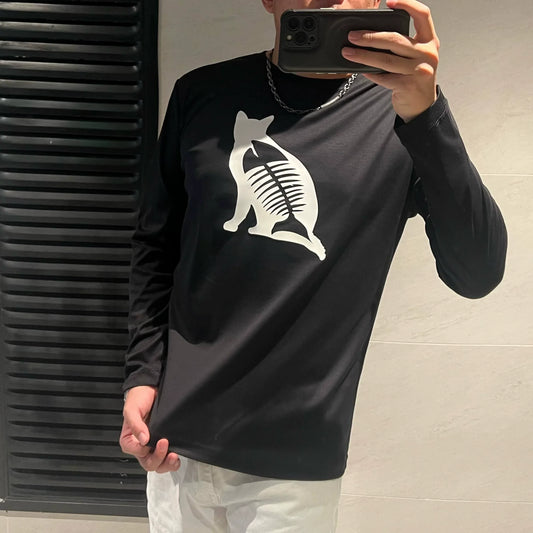 Dam Långärmad Topp Cirkulär Halsringning Bomullsmix med Djurmotiv-1