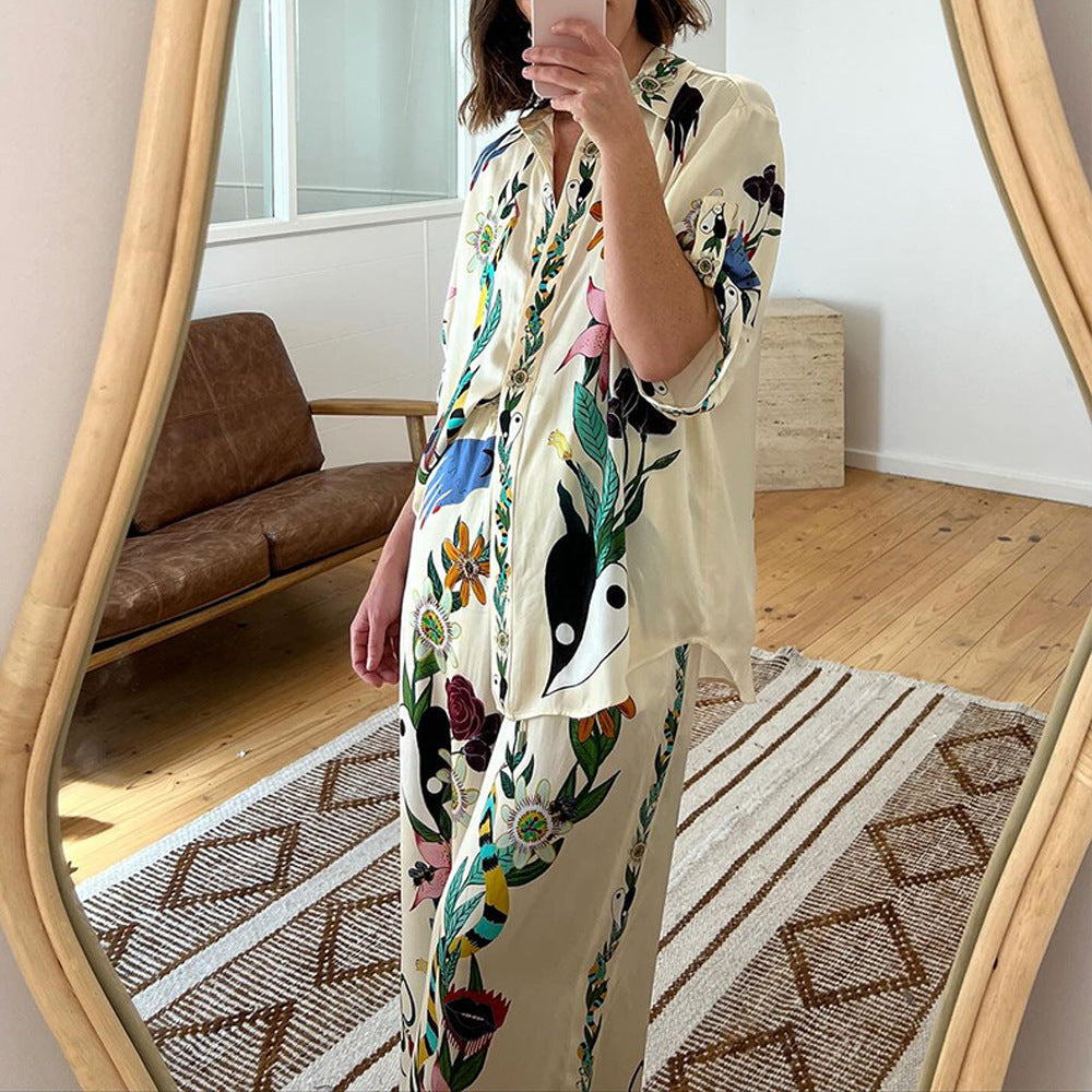 Dam Casual Set Tryckt Skjorta Långa Ärmar Polyester Lösa Byxor-5