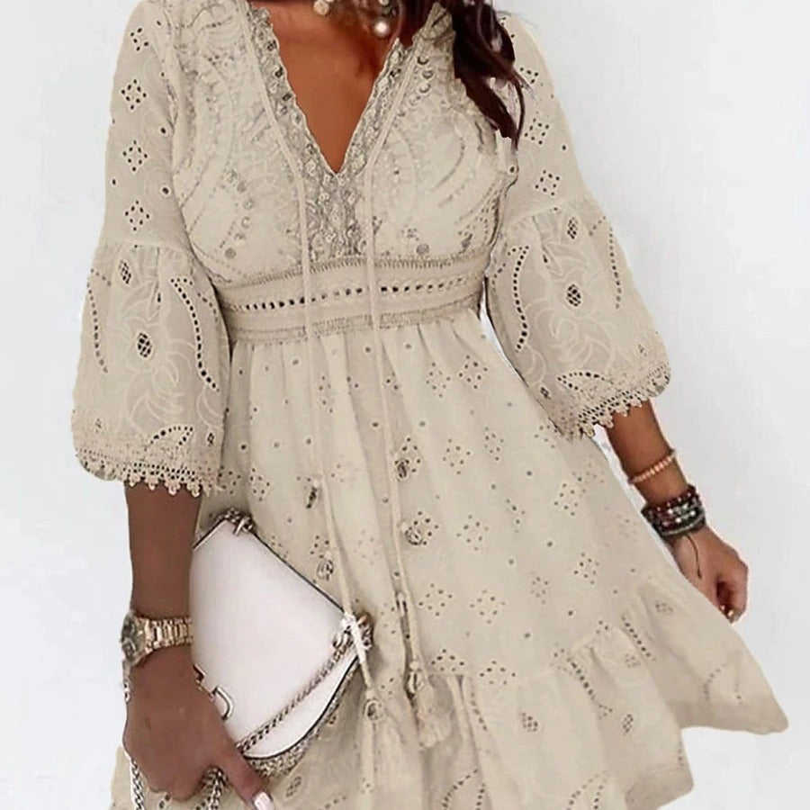 Damklänning A-Linjeformad Broderad med Blommönster i Bomull och Polyester-3