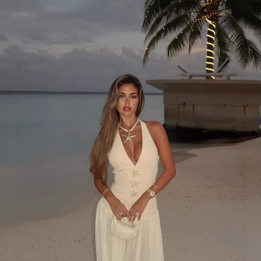 Sommarklänning Dam Djup V-ringning med Dekorativa Knappar Mjukt Tyg 3